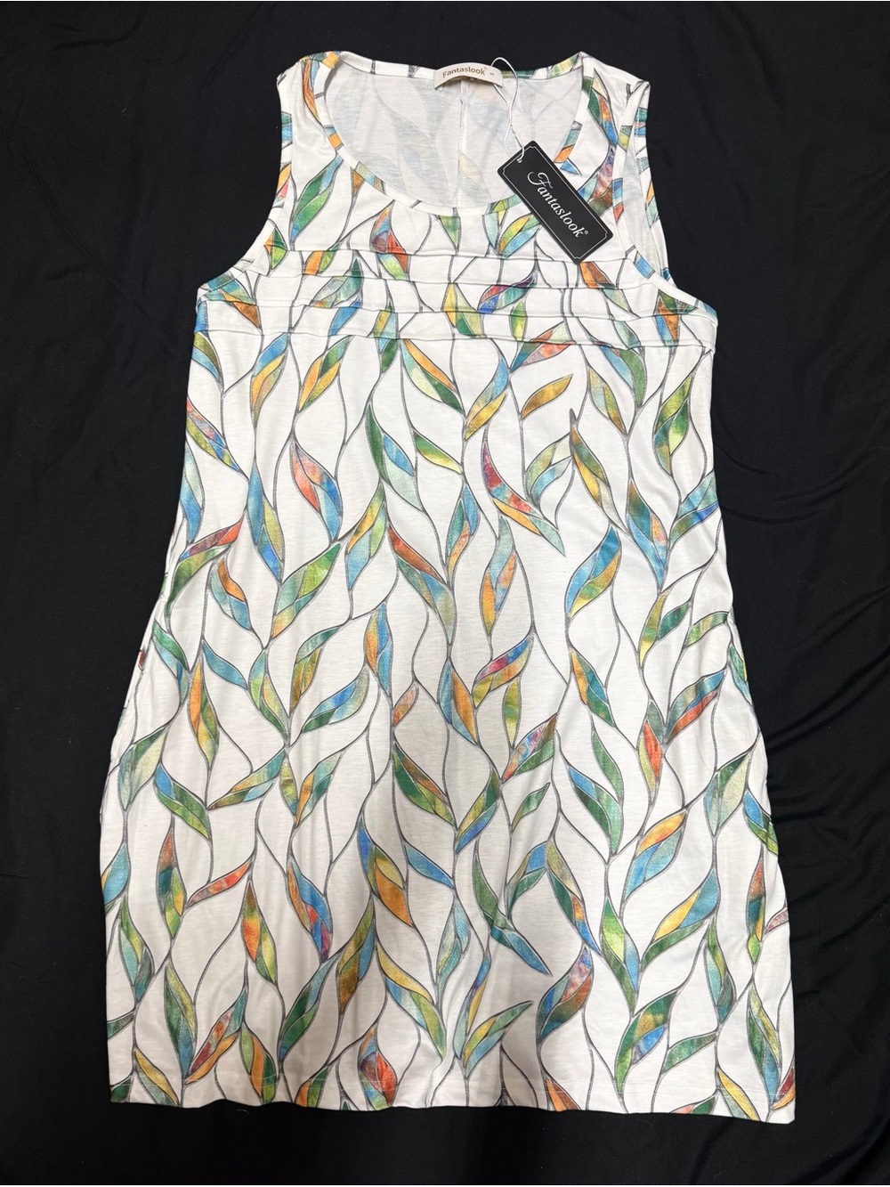 Fantaslook White Multicolor Leaf-Print Midi Dress